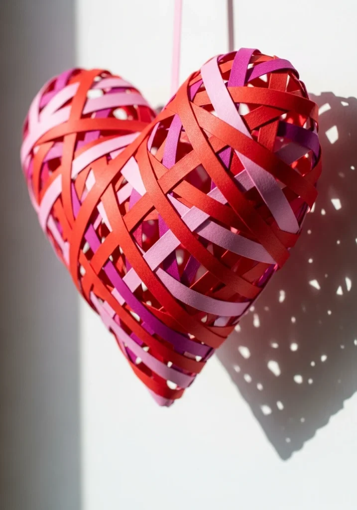 3D heart decoration woven from red and pink paper strips