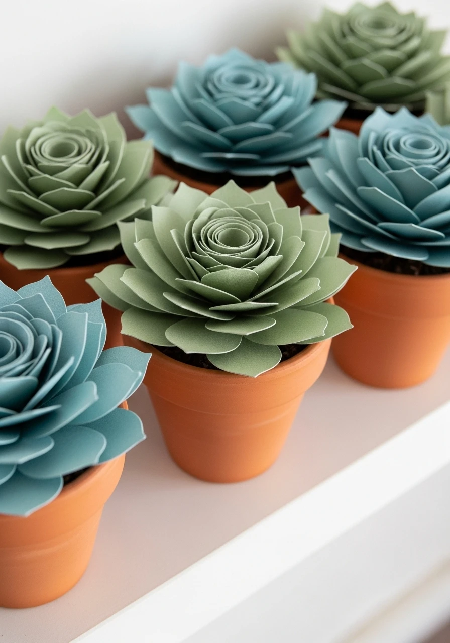 Handmade green paper succulents in terracotta pots showing layered construction