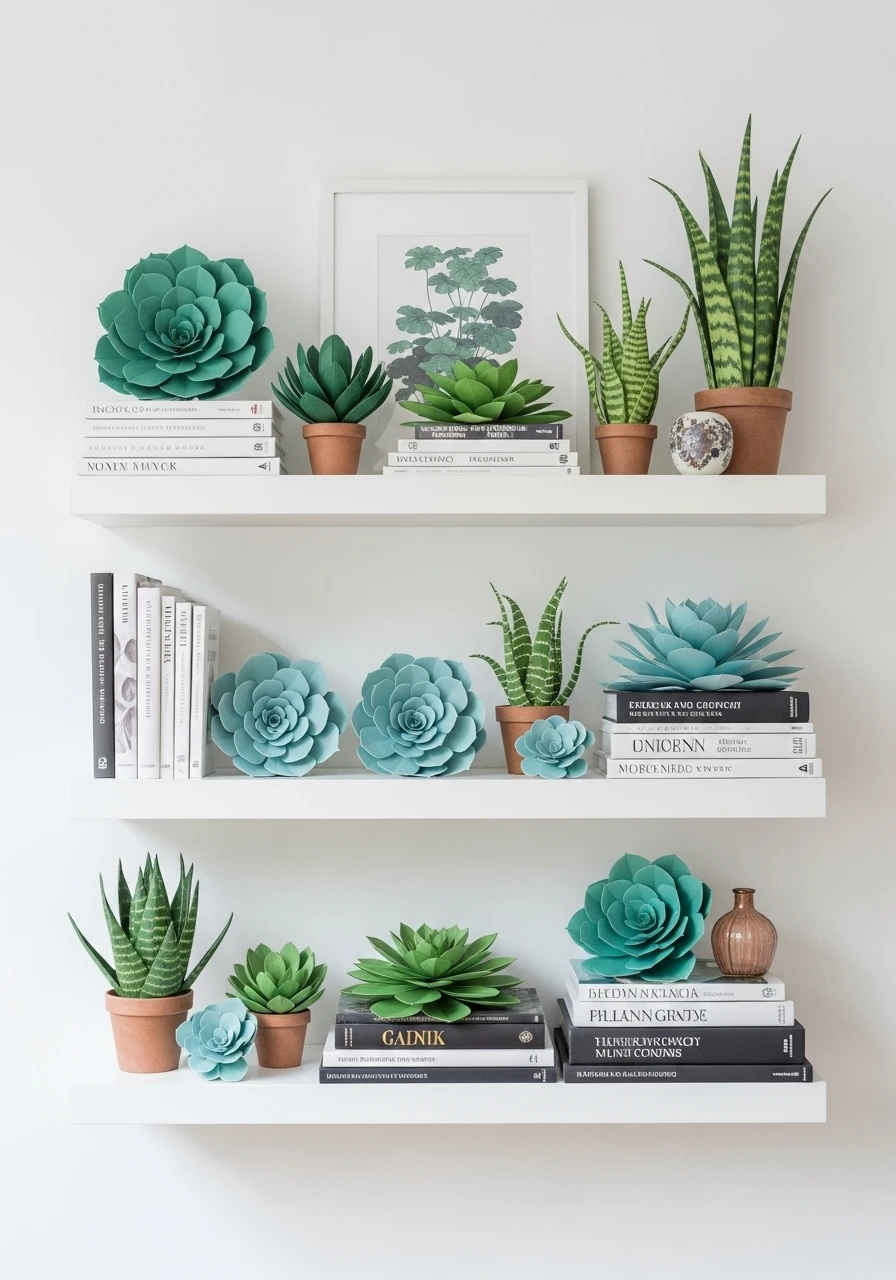 Collection of paper succulents displayed on white shelves with books and decor