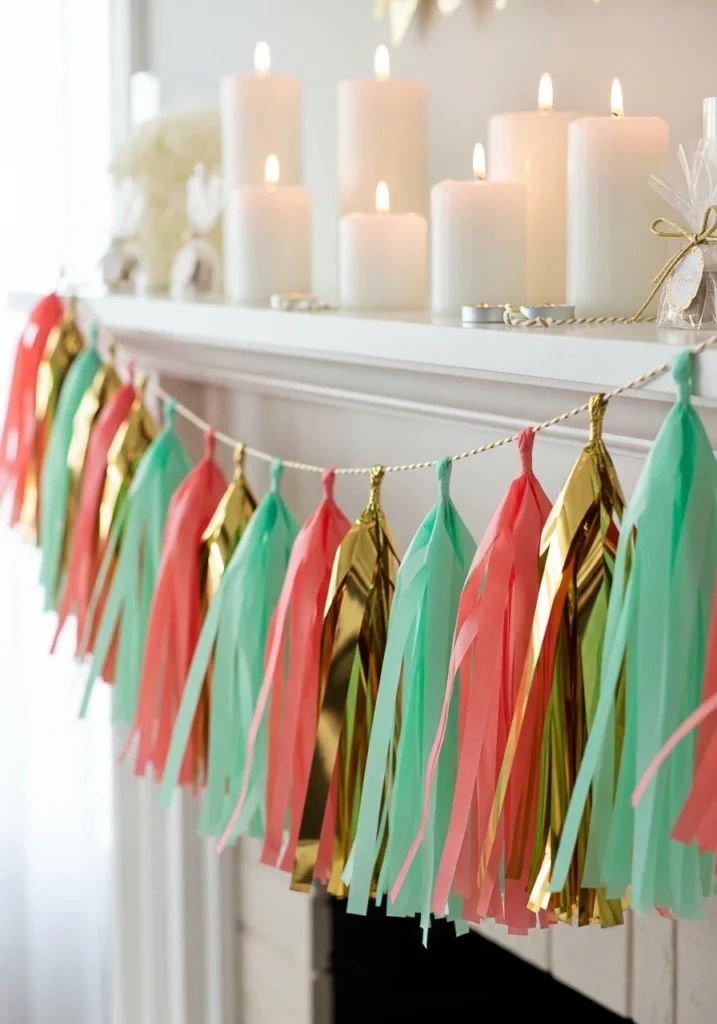 Coral mint and gold tissue paper tassel garland on party mantel