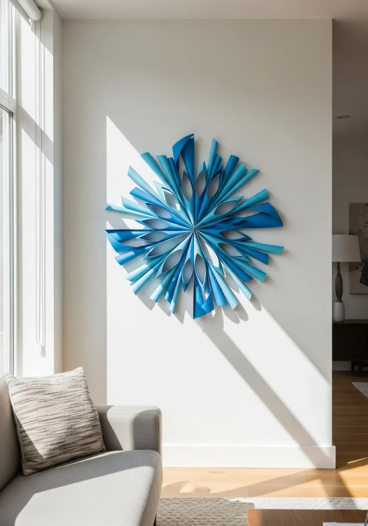Modern wall sculpture made from blue ombre painted paper tubes