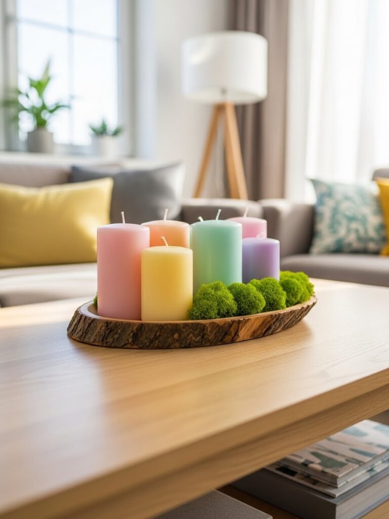 Pastel candles and green moss styled on a wooden tray as colorful spring coffee table decor indoors