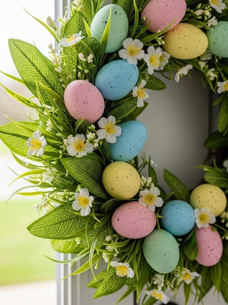Close-up of pastel eggs and greenery arranged in a spring wreath for indoor home decor