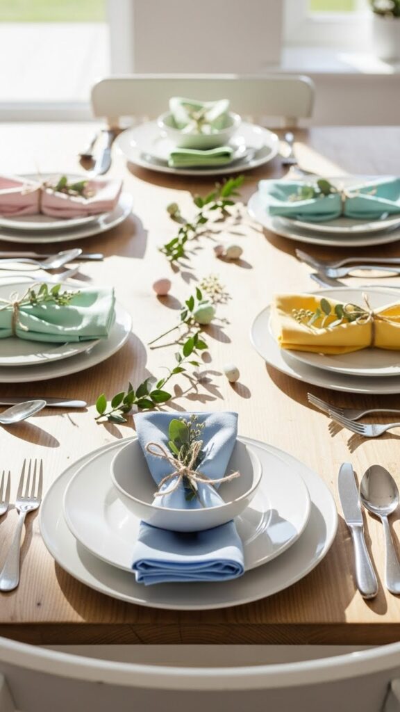 Pastel cloth napkins tied with twine for a simple spring tablescape idea