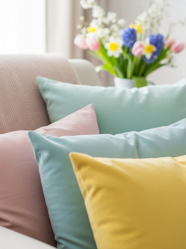 Close-up of pastel pillows creating a cozy spring reading nook indoors