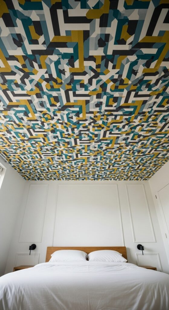Bedroom with bold patterned wallpaper on ceiling creating unexpected design element