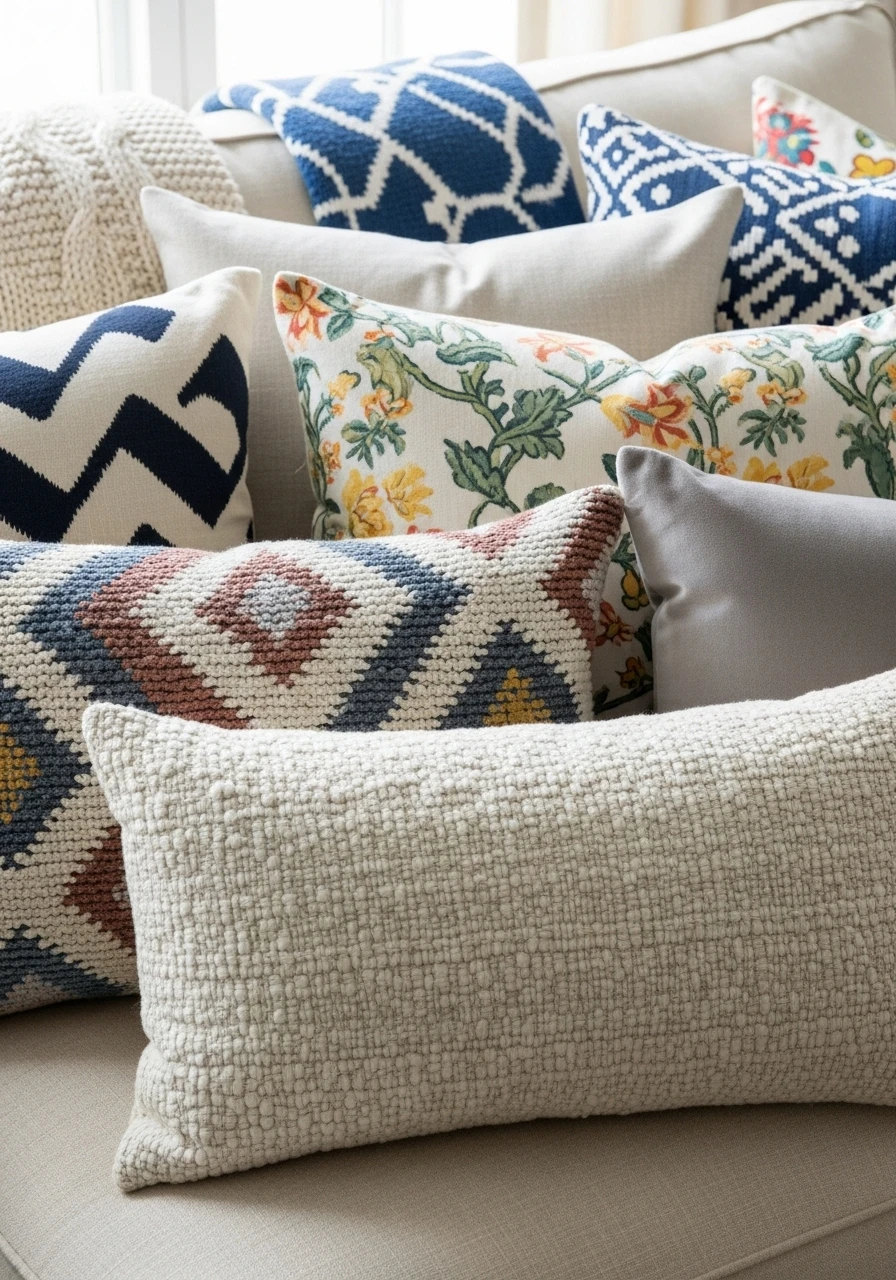 Mix of patterned and solid throw pillows on living room sofa