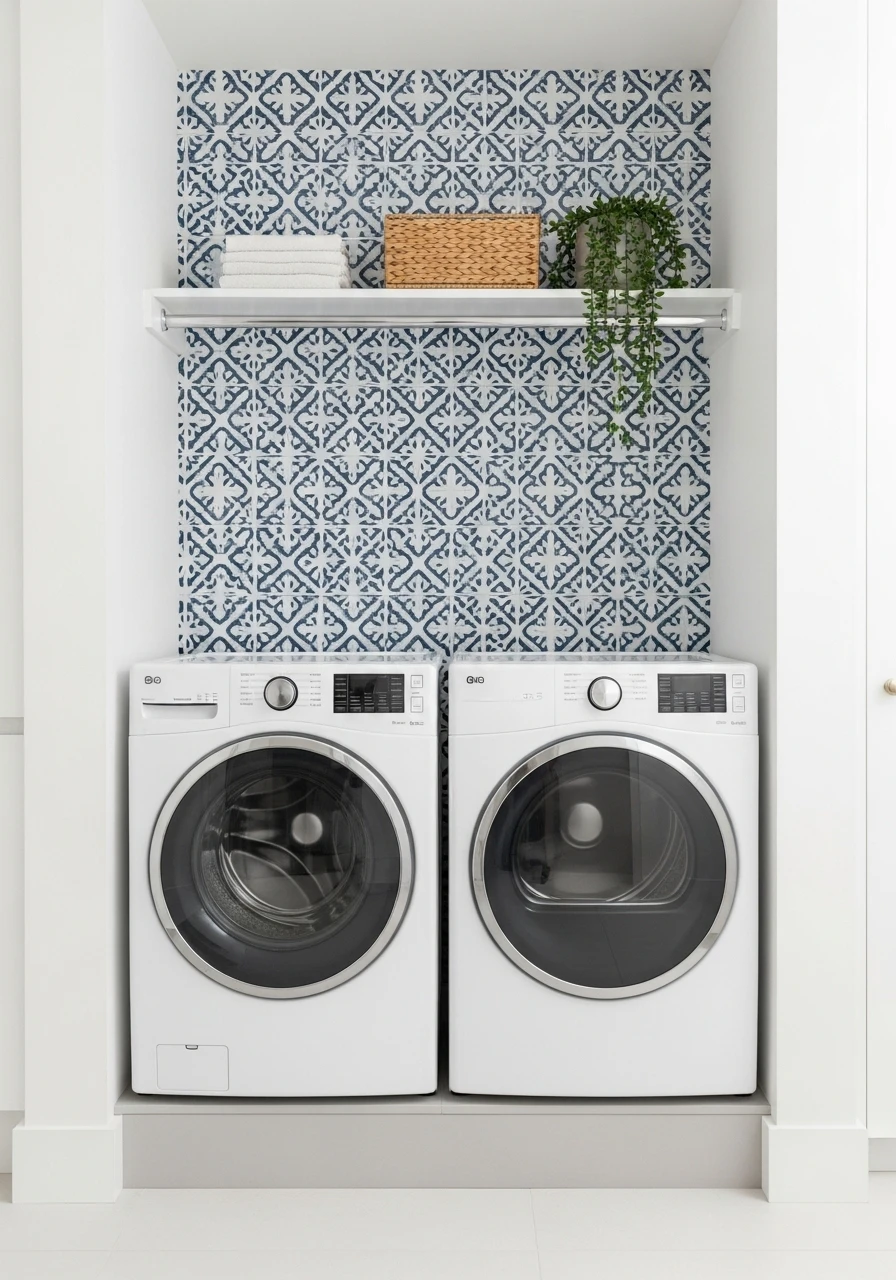 Decorative patterned tile accent wall behind laundry machines