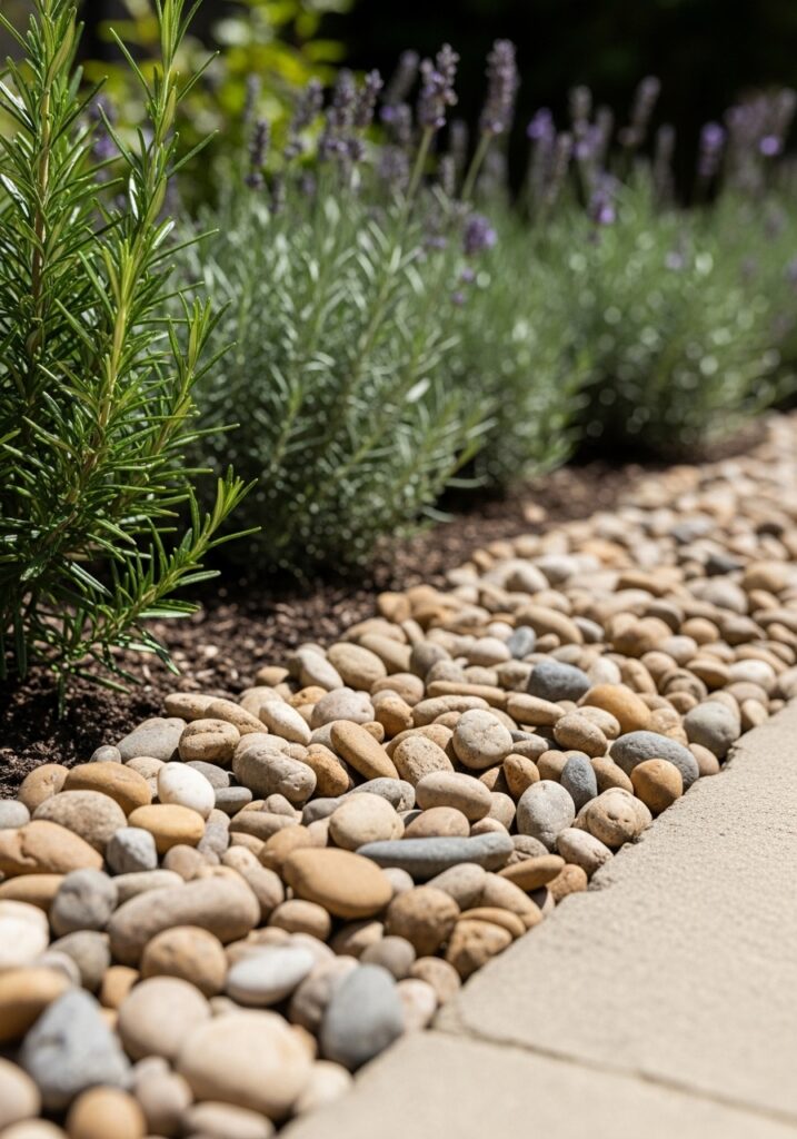  Pea gravel creating soft textured garden border with rounded stones