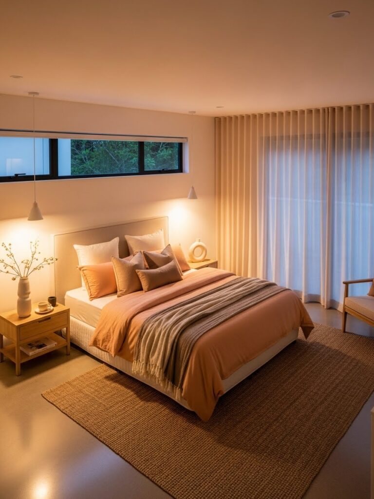 Modern bedroom with soft peach and neutral color palette creating a cozy feel