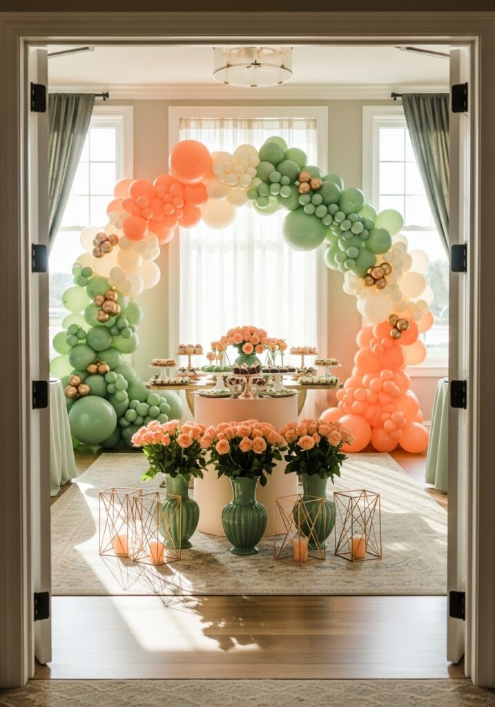 Peach and sage green baby shower with modern color blocked decorations