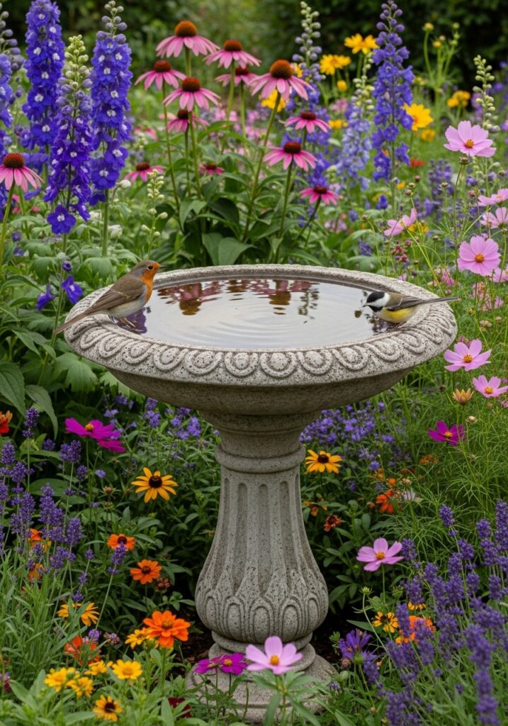 Classic weathered concrete birdbath surrounded by colorful flowers creating garden focal point attracting birds