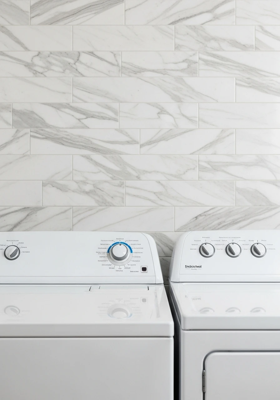 Peel and stick marble backsplash behind laundry machines