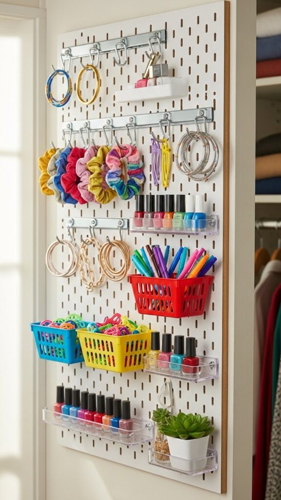Pegboard system using dollar store supplies creating budget-friendly customizable closet storage