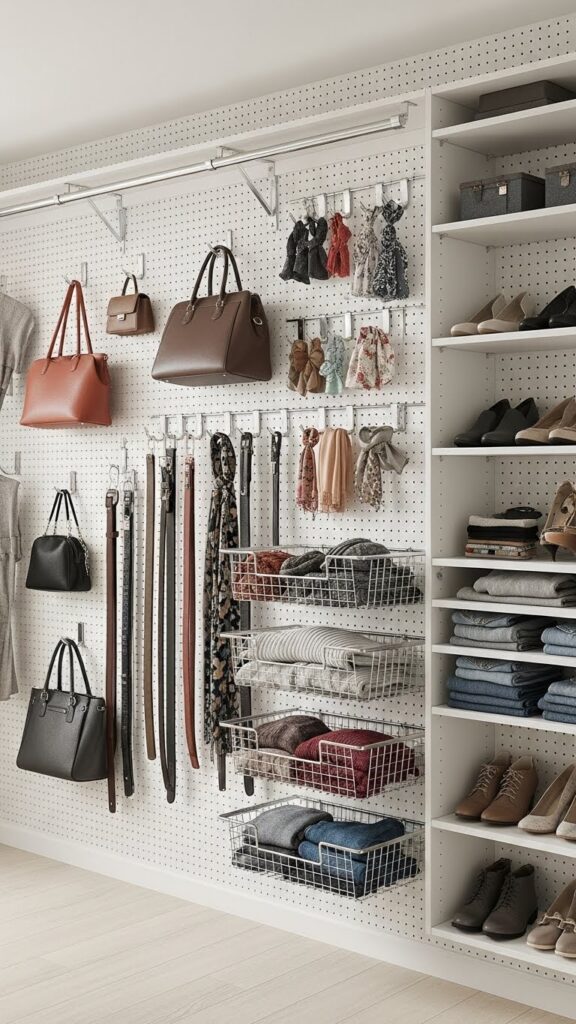 Pegboard slat wall system with repositionable accessories for flexible kids closet storage