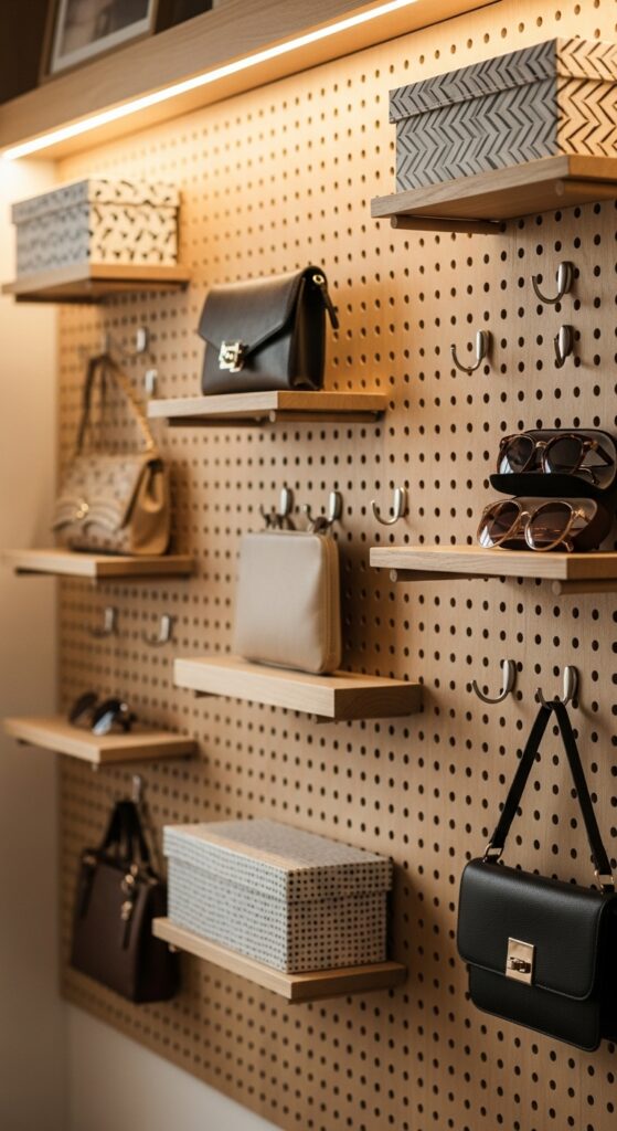 Pegboard wall in closet with customizable hooks organizing accessories

