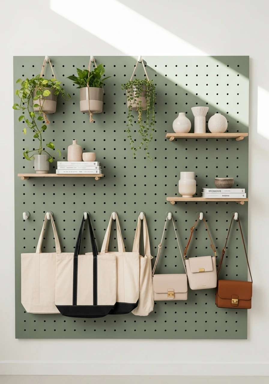 Painted pegboard wall with hooks and shelves for entryway organization