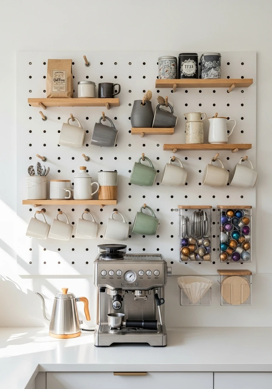 White pegboard coffee organizer with wooden pegs, hanging mugs, and organized supplies

