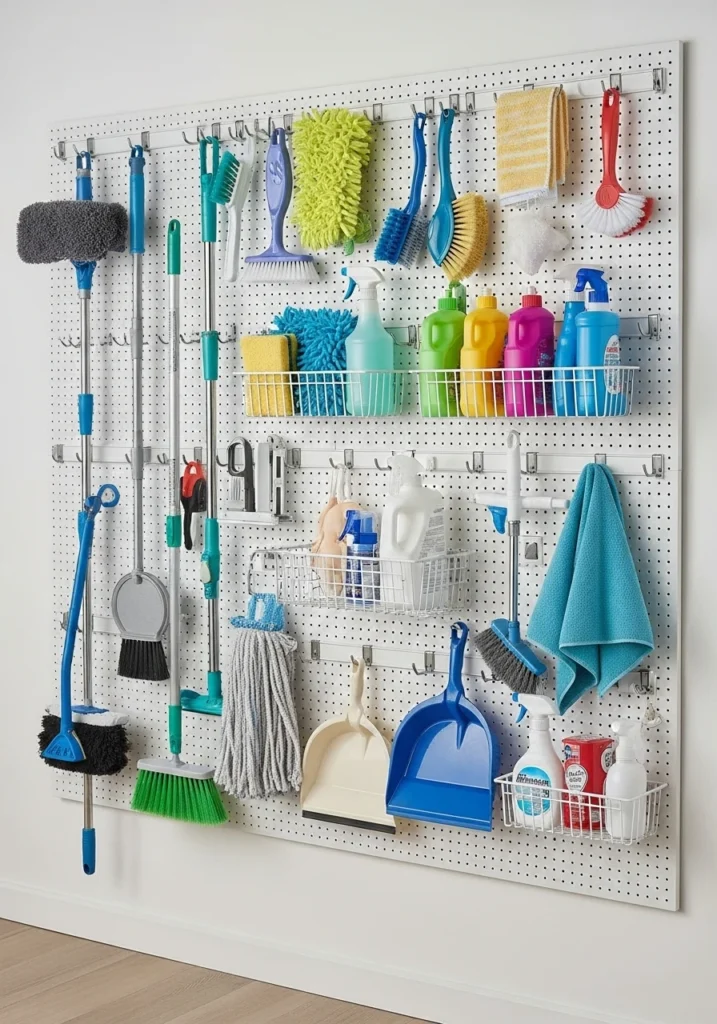 White pegboard wall with organized cleaning tools and supplies