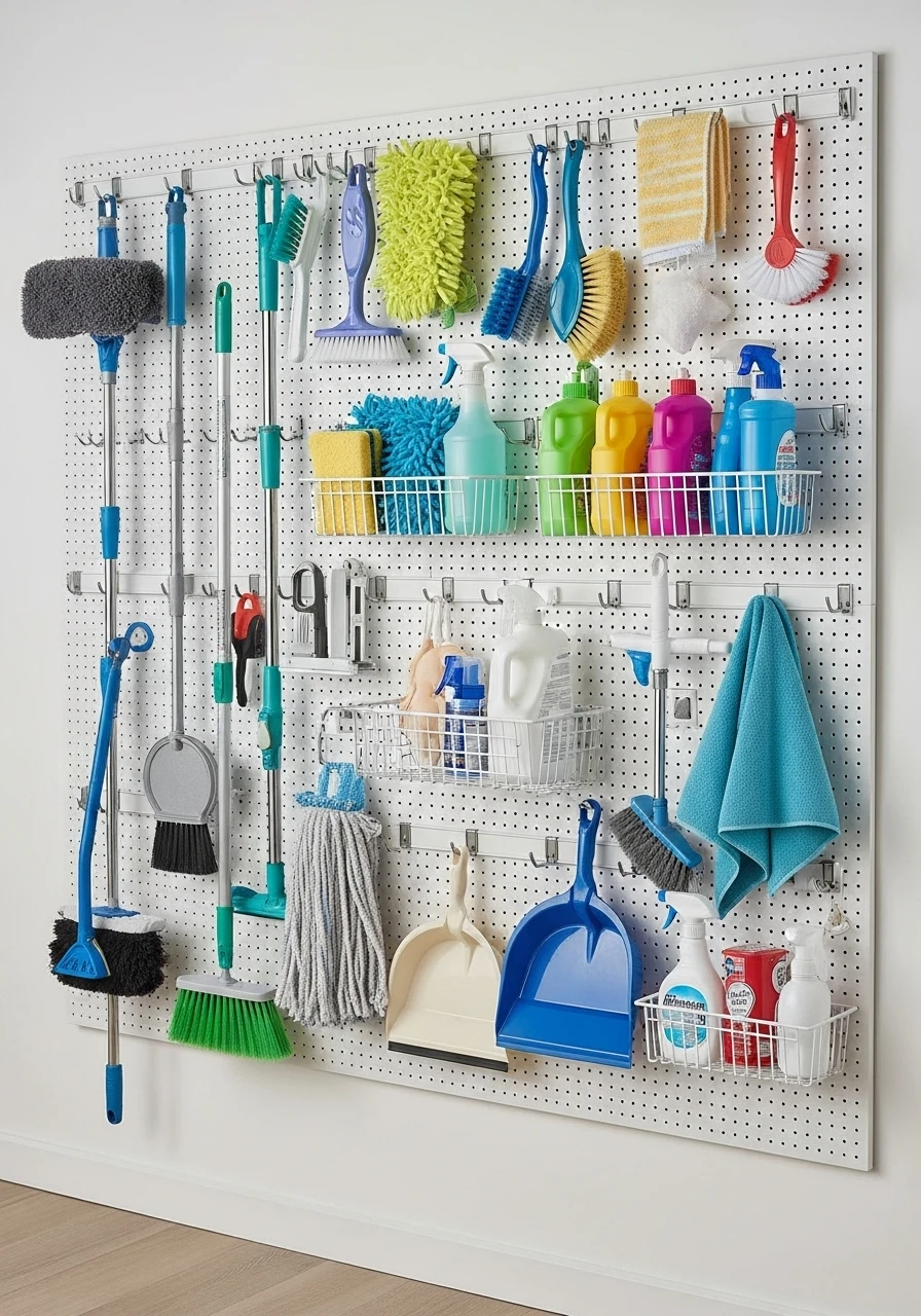 White pegboard wall with organized cleaning tools and supplies