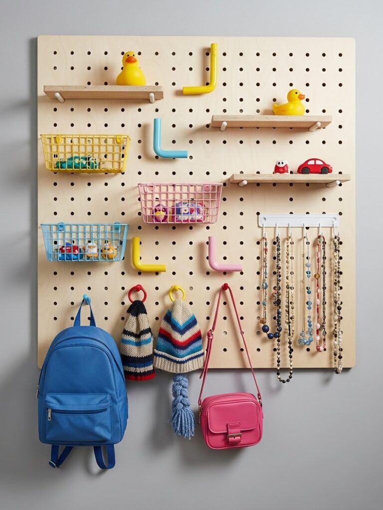 Pegboard wall in kids closet with hooks and accessories at various heights creating customizable vertical storage