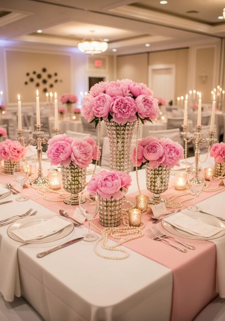  Peonies and pearls baby shower with blush pink flowers and elegant pearl decorations