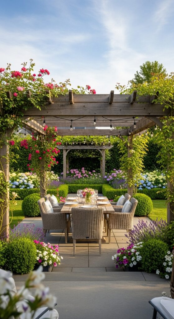 Wooden pergola with climbing vines serving as backyard garden centerpiece with dining area