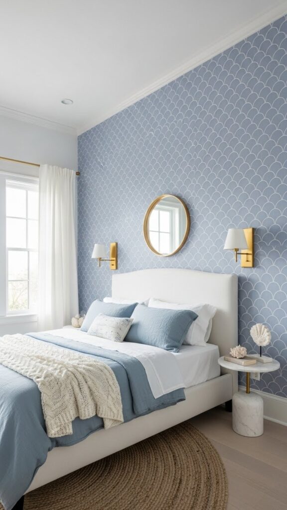 Periwinkle blue scallop fish-scale accent wall in coastal elegant bedroom