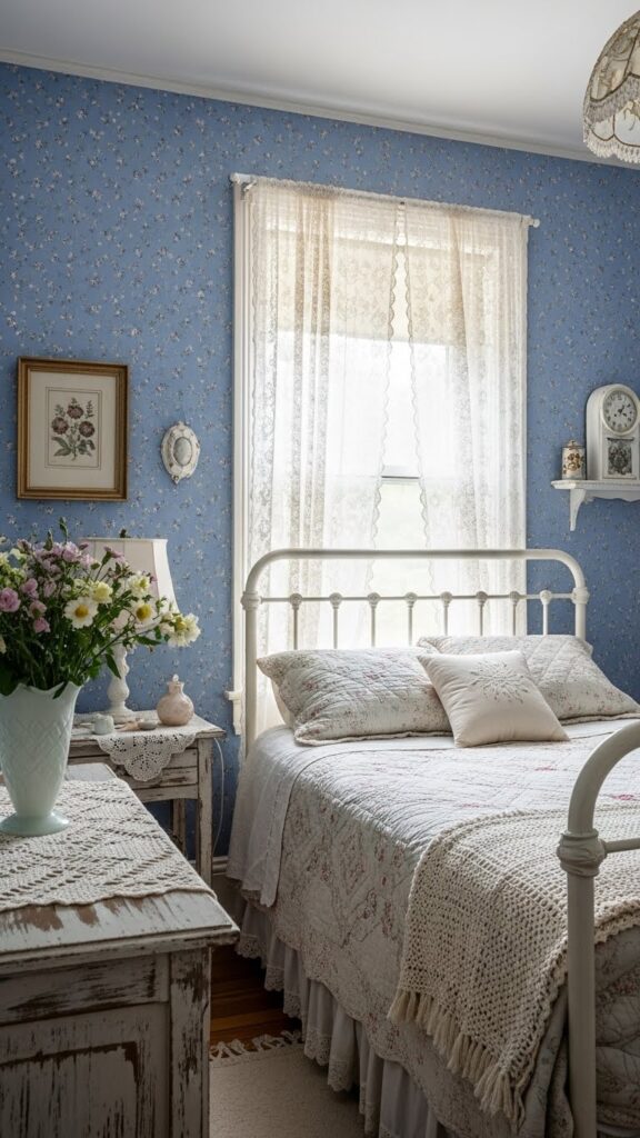 Periwinkle blue vintage floral wallpaper in romantic cottage-style bedroom