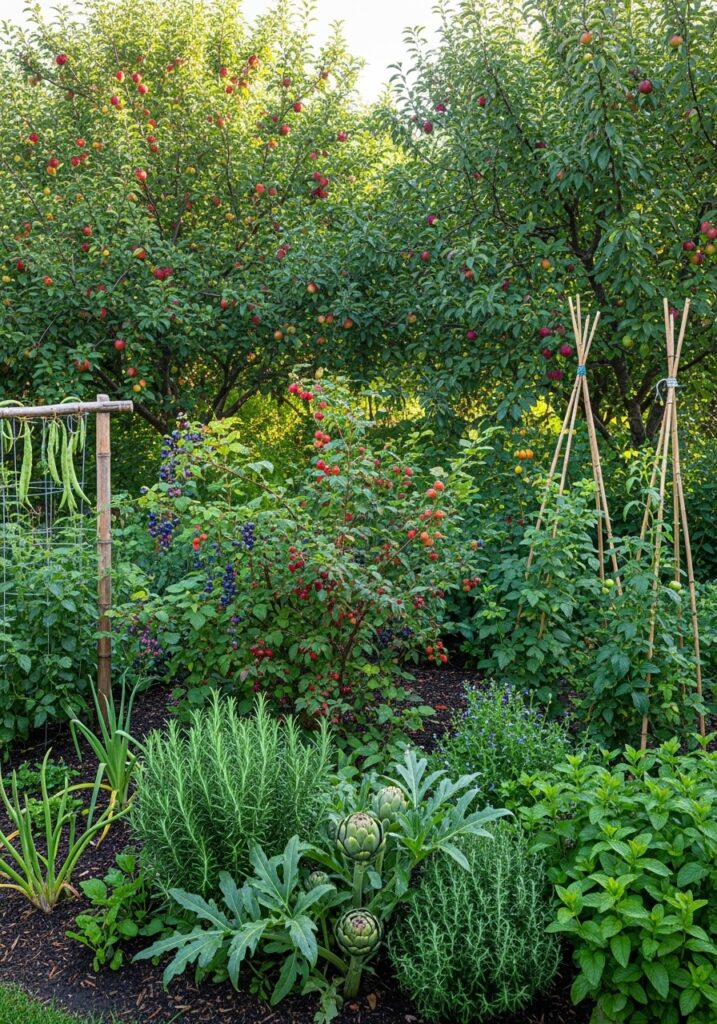Permaculture food forest design with layered productive planting