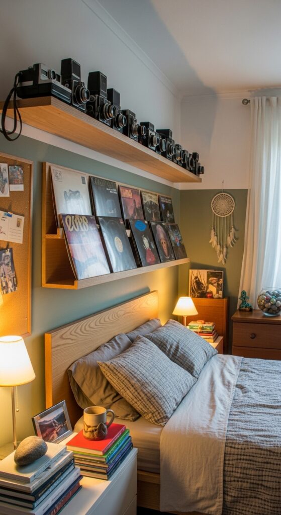 Bedroom with personal collections displayed including vintage cameras and vinyl records