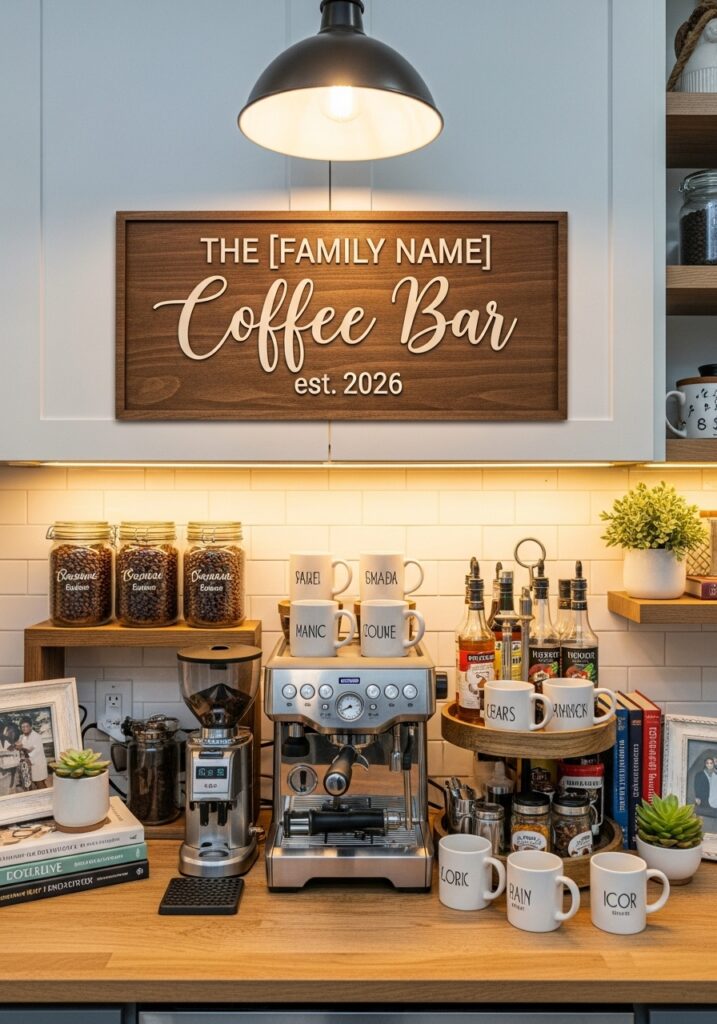 Personalized coffee bar with custom family name sign and organized station