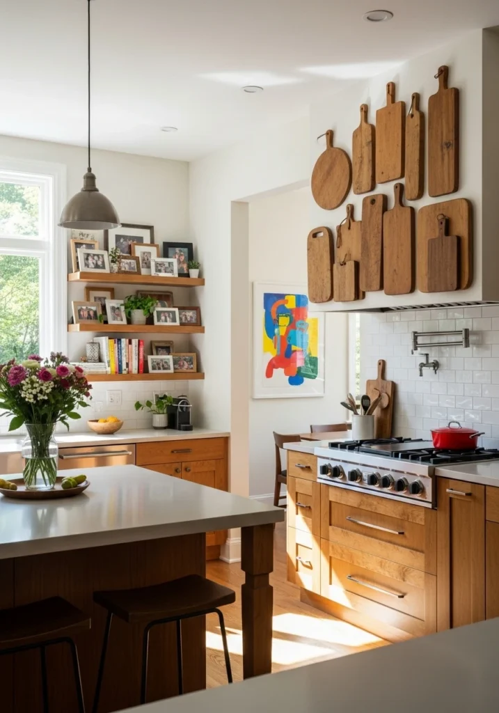 Kitchen with personalized touches including family photos and vintage collections