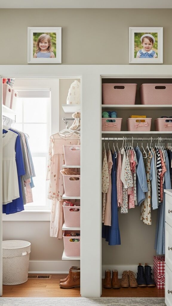 Photos of each child above their closet section personalizing shared space and showing ownership