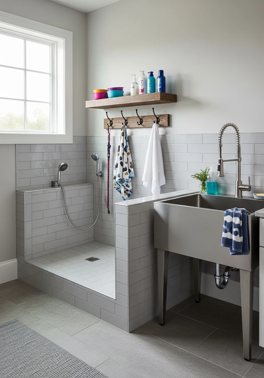 Pet washing station with utility sink and tile platform