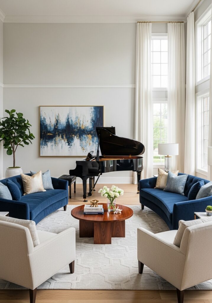 Living room designed around piano as elegant focal point

