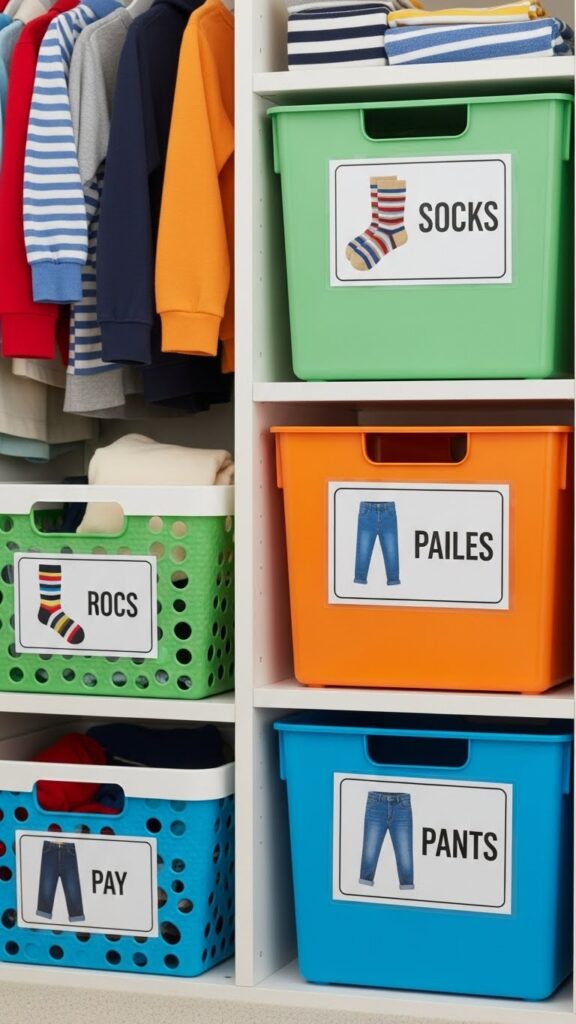 Picture labels with words helping toddlers identify clothing categories independently