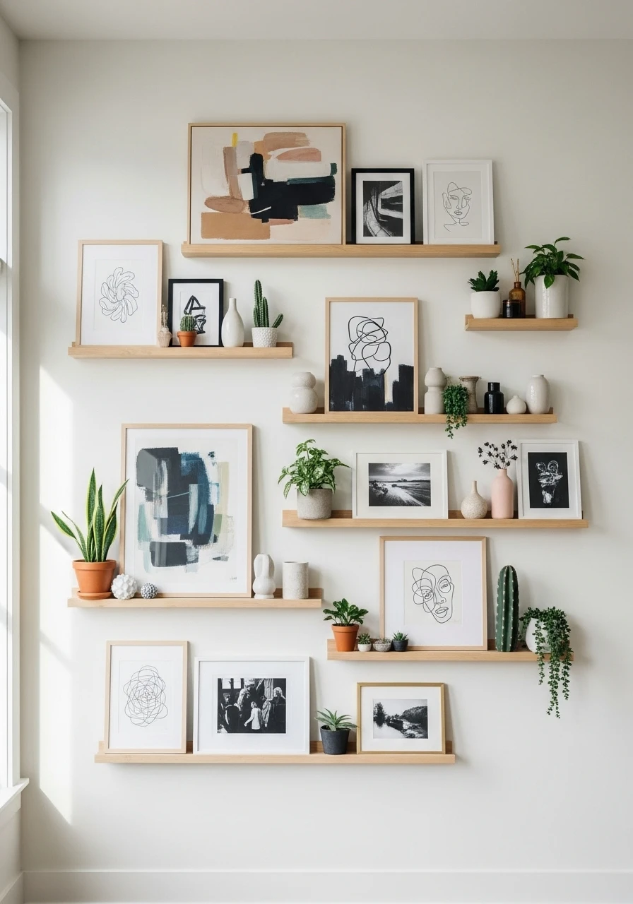 Picture ledges displaying art and decor on living room wall
