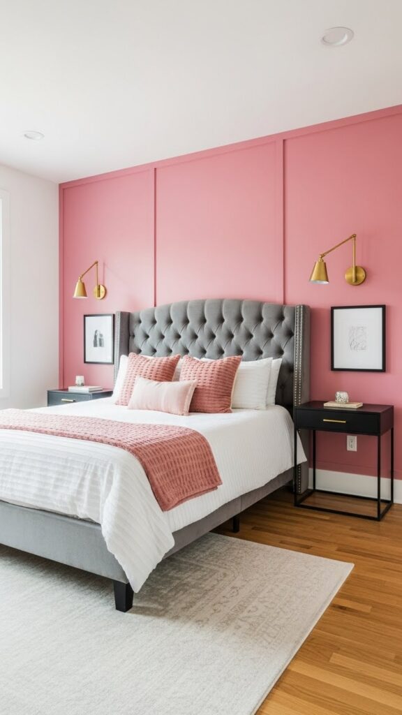  Modern bedroom with dusty rose pink accent wall behind upholstered headboard
