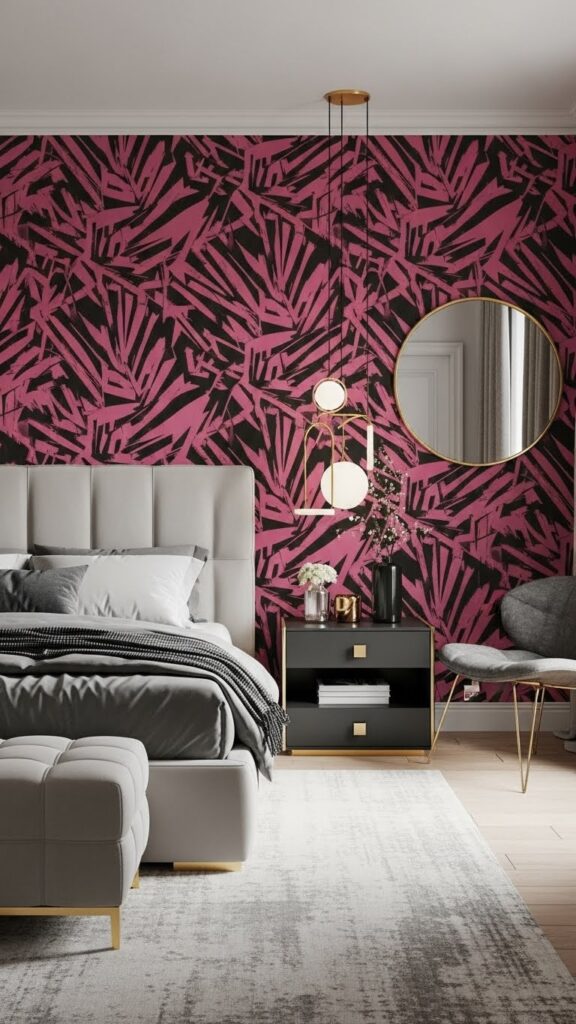 Modern pink and black graphic wallpaper with bold abstract contrasting patterns