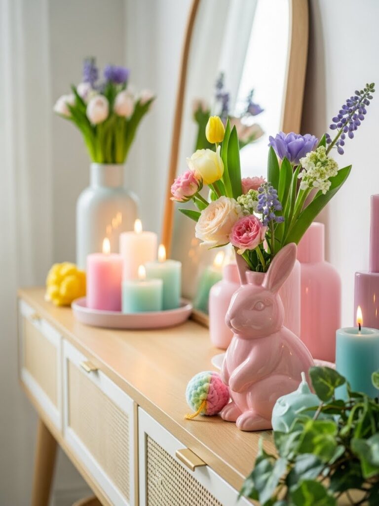 Close-up of pink bunny vase with pastel flowers creating cheerful spring decor indoors