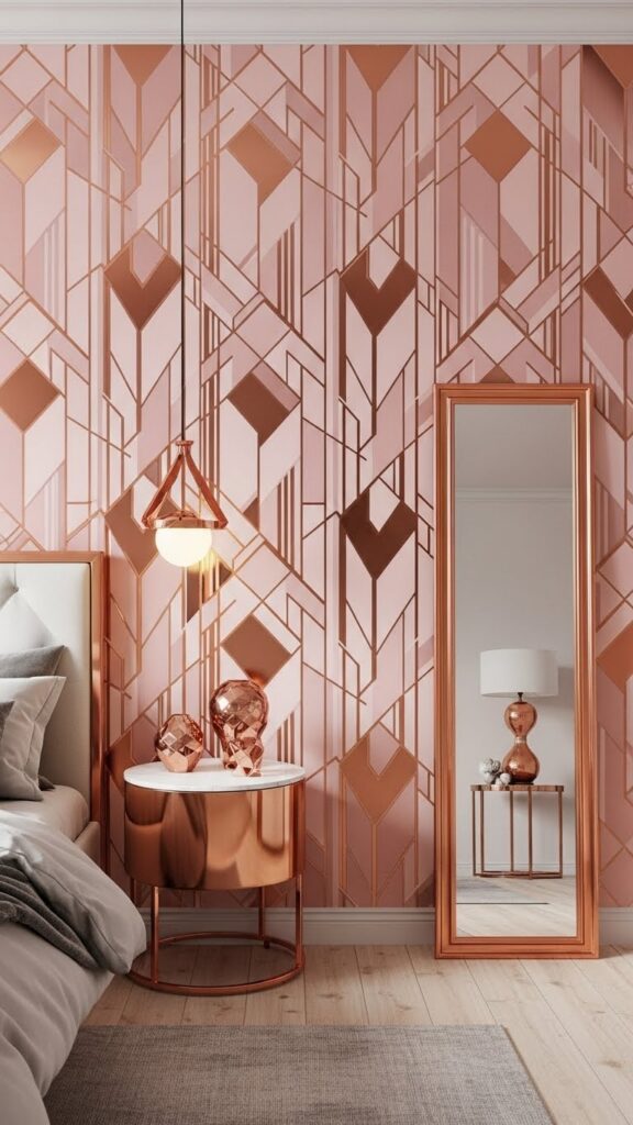Modern pink and copper metallic geometric wallpaper with Art Deco inspired pattern