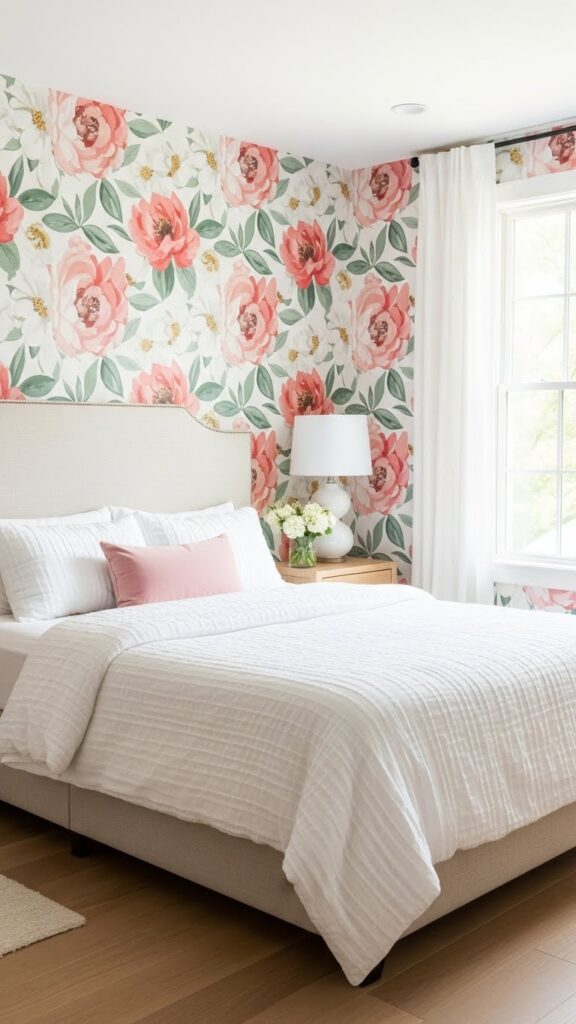 Bedroom with modern oversized pink floral wallpaper and neutral bedding