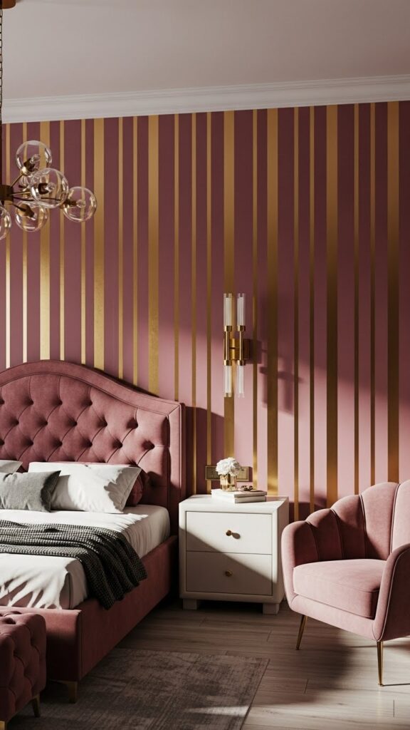 Modern pink and gold metallic stripe wallpaper with luxurious shimmer finish