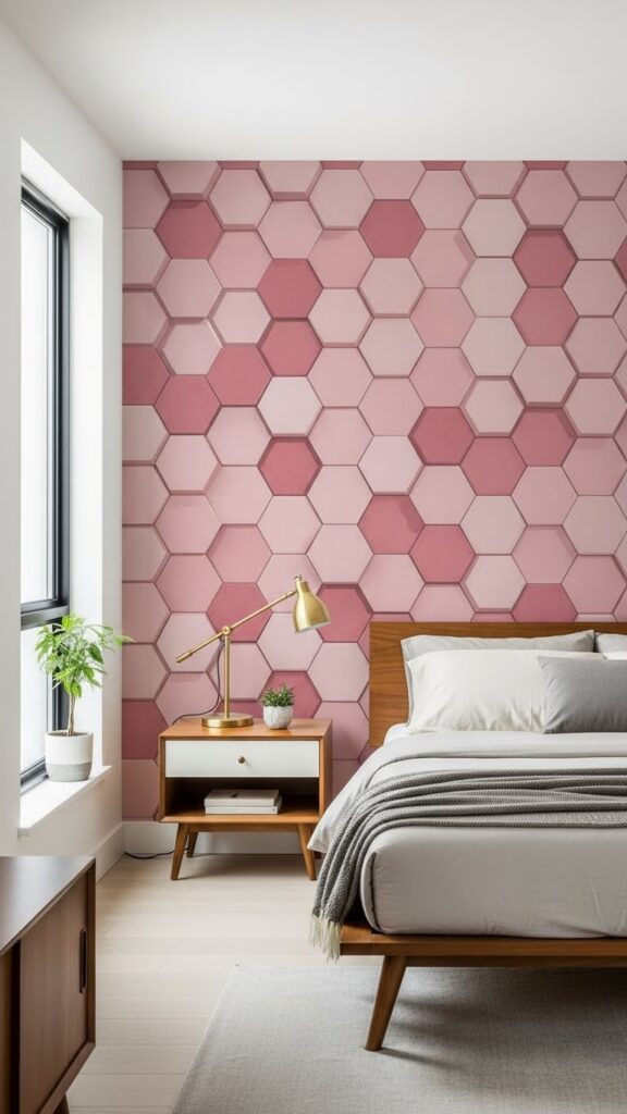 Modern pink hexagon tile pattern wallpaper with geometric honeycomb design
