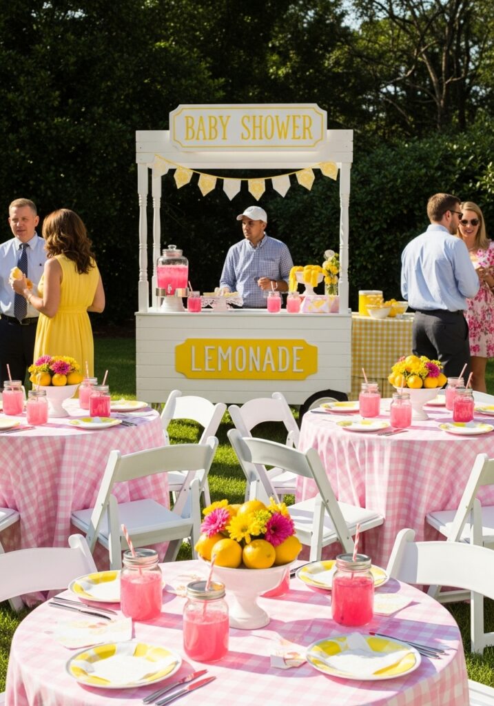 Pink lemonade baby shower with vintage stand and summer decorations