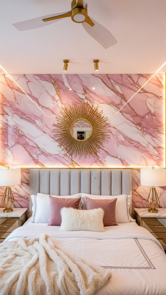 Modern pink marble wallpaper with realistic white and gold veining pattern