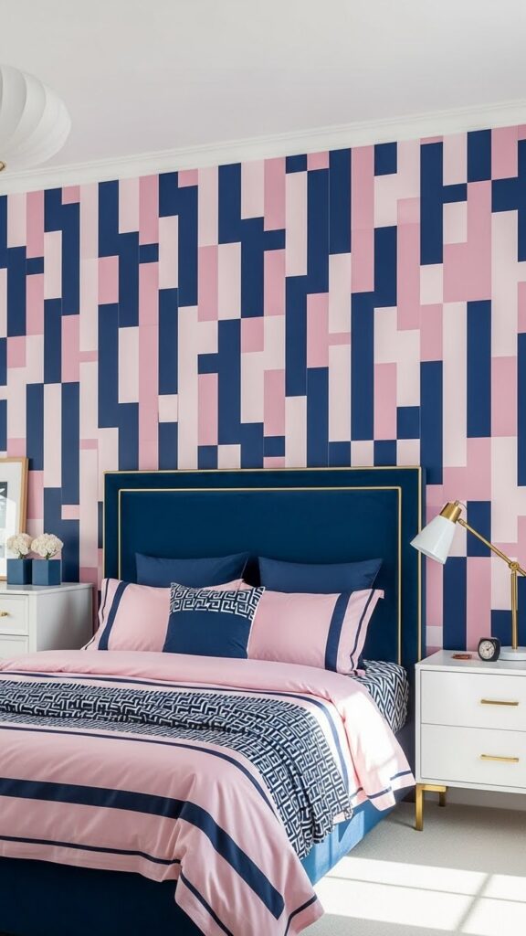 Pink and navy color block geometric wallpaper accent wall in preppy modern bedroom
