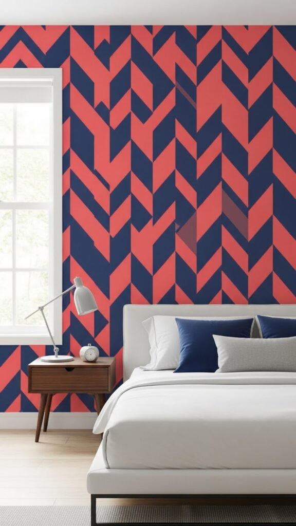 Modern pink and navy geometric wallpaper with bold angular pattern design