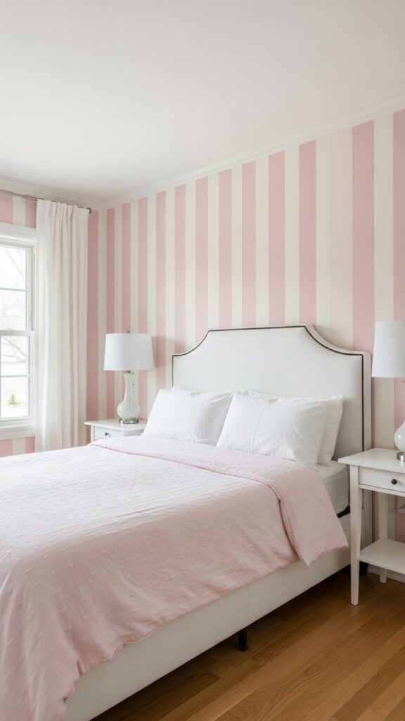 Bedroom with vertical pink striped wallpaper creating illusion of height